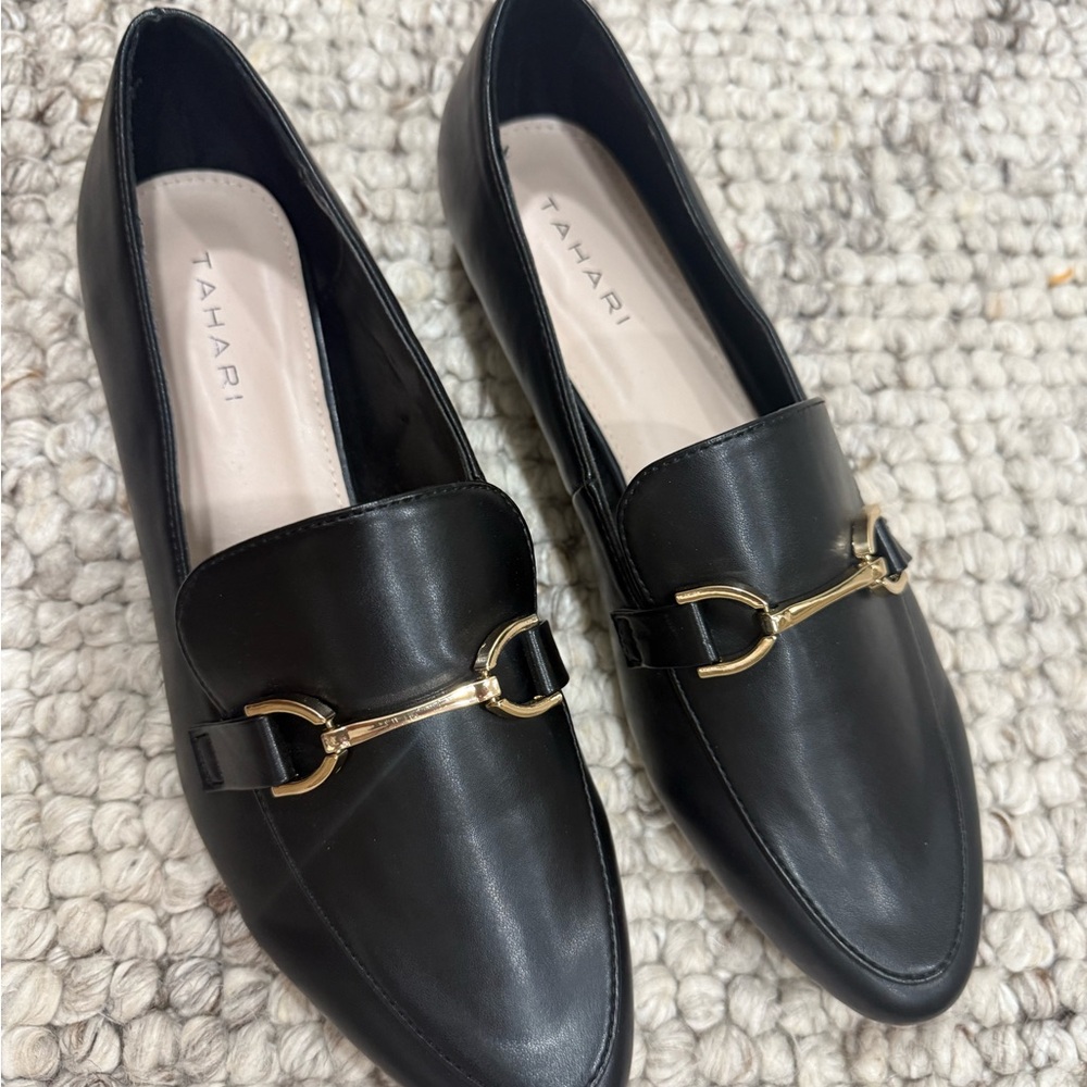 Tahari Black Flats with Gold Accent